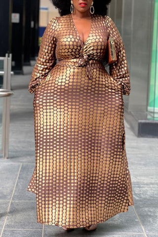 Plus Size Long Sleeve V-neck Dot Print Maxi Dress