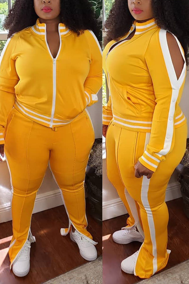 Plus Size Cold Shoulder Striped Top Slit Sweatpants Jogger Outfit Matching Set