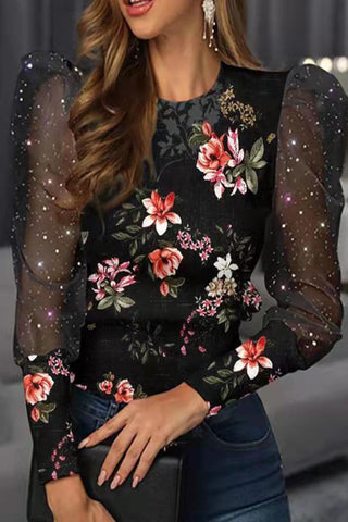 Casual Print Patchwork O Neck Tops