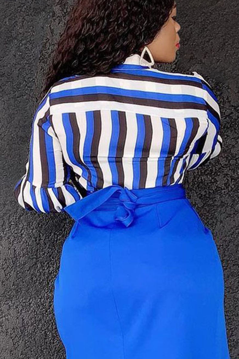 Online-clothing-plus-size-elegant-blue-stripe-patchwork-flare-sleeve-midi-dress
