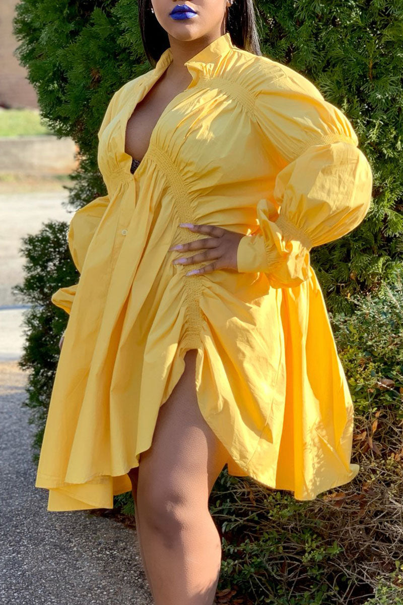 Online-clothing-plus-size-solid-white-button-fold-design-long-sleeve-shirt-mini-dress