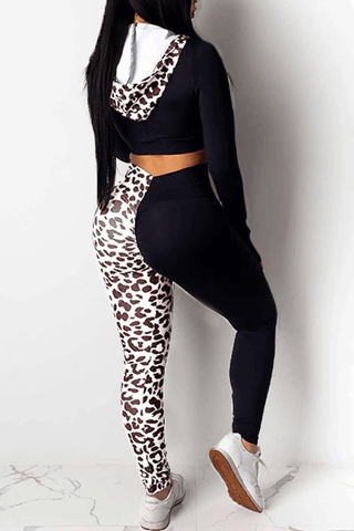 Fashion Casual Sportswear Leopard Patchwork Two Pieces