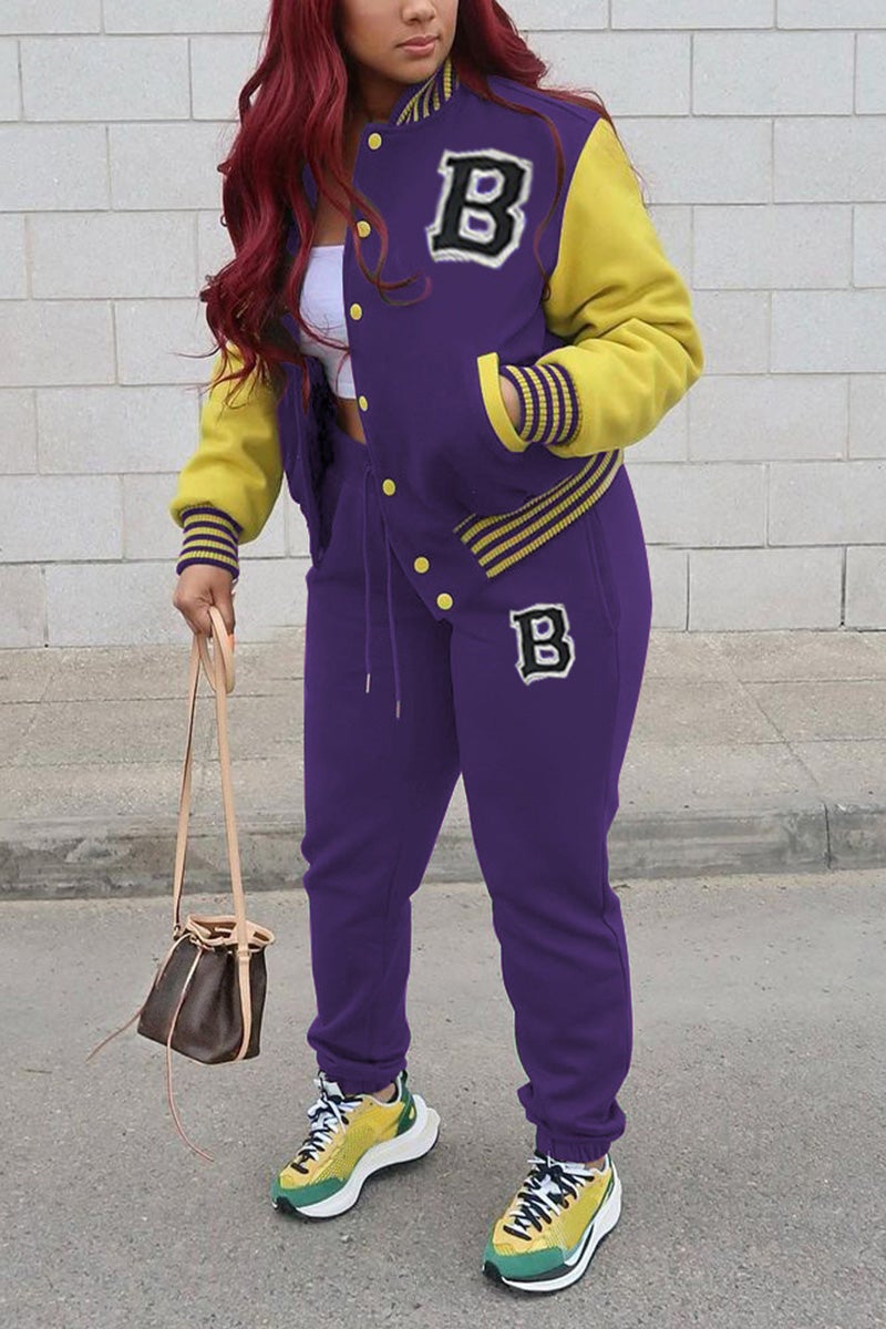 Plus Size Casual Letter Patchwork Buckle Outwear Pants Two Pieces Set