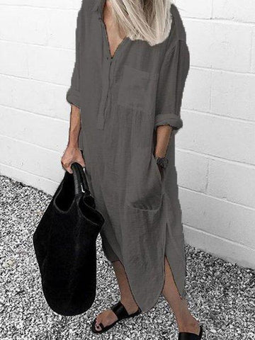 Long Sleeve Solid Casual Buttoned Casualdress
