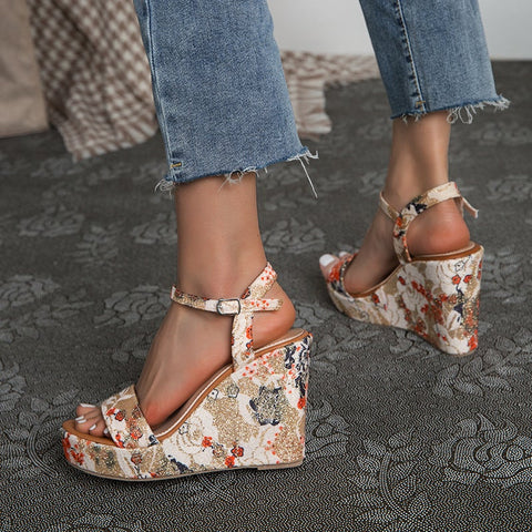 All Over Print Sandals Platform High Heels Sandals Shoes