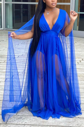 Plus Size Solid V-neck Sleeveless Shawl Tulle Elegant Party Maxi Dress