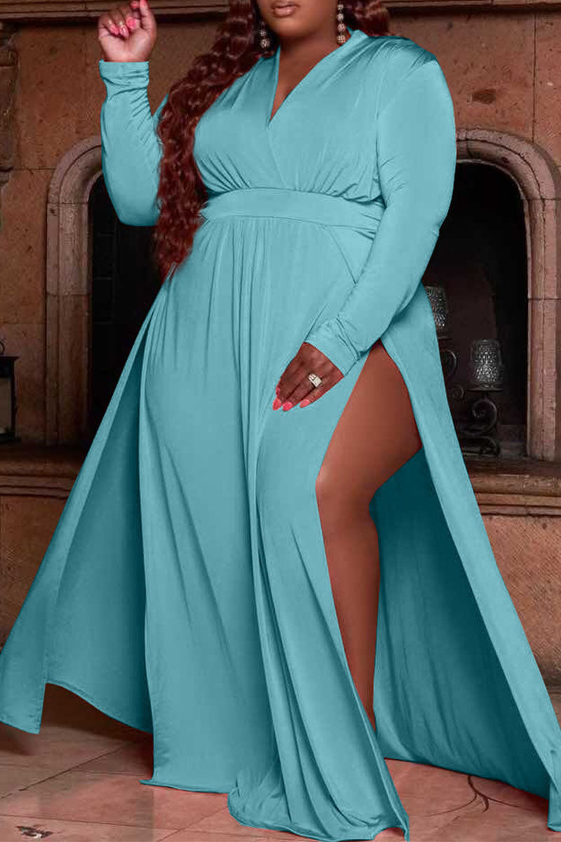 Online-clothing-plus-size-casual-solid-split-joint-v-neck-straight-maxi-dresses