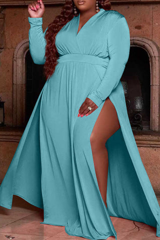 Online-clothing-plus-size-casual-solid-split-joint-v-neck-straight-maxi-dresses