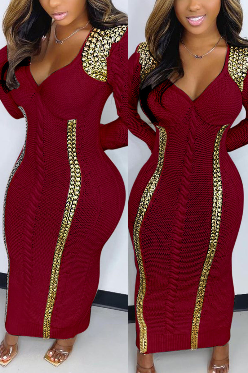 Online-clothing-plus-size-split-joint-long-sleeve-with-golden-chain-knit-sweater-midi-dress