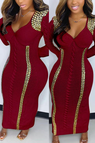 Plus Size Split Joint Long Sleeve Knit Sweater Little White Midi Dress