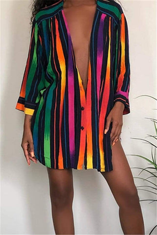 Fashion Rainbow Striped Shirt Dress