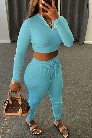 Casual V Neck Solid Color Sportswear Two Pieces