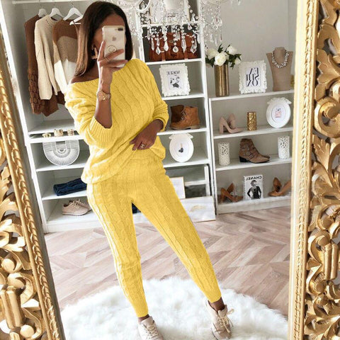 Plus Size Solid Long Sleeve Sweater Pants Two Pieces Set