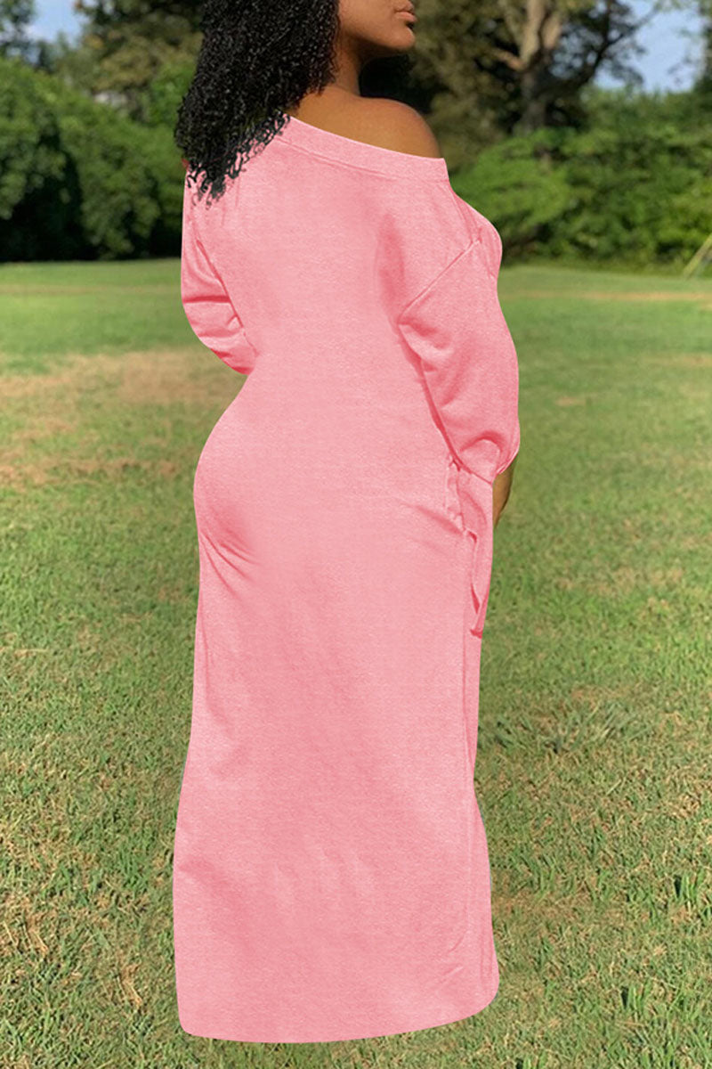 Online-clothing-plus-size-casual-solid-one-shoulder-long-sleeves-knotted-maxi-dress