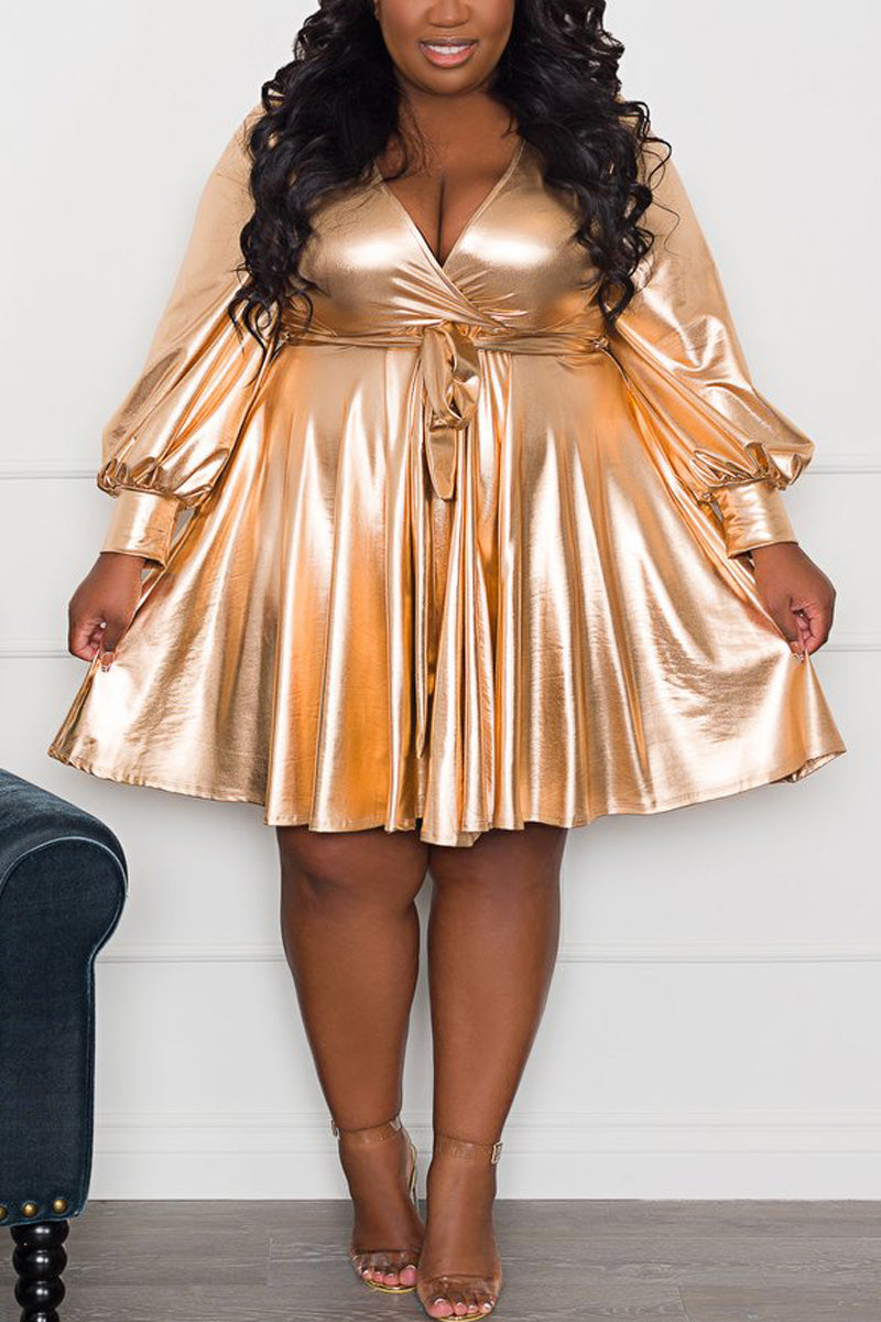 Online-clothing-plus-size-v-neck-solid-bandage-flare-mini-dress