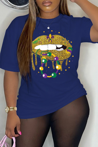 Party Vintage Lips Printed Patchwork O Neck T-Shirts