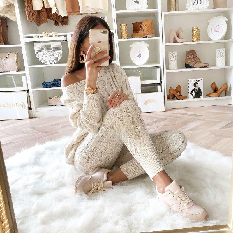 Free-shipping-online-clothing-plus-size-solid-long-sleeve-sweater-pants-two-pieces-set