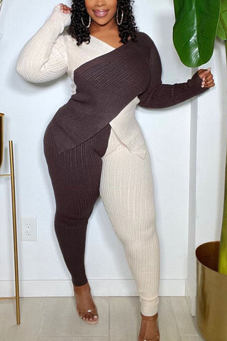 Plus Size Casual Patchwork Long Sleeve Sweater Pants Two Pieces Set