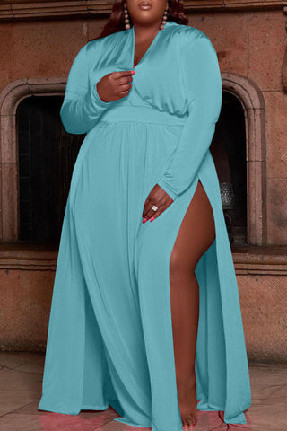Online-clothing-plus-size-casual-solid-split-joint-v-neck-straight-maxi-dresses