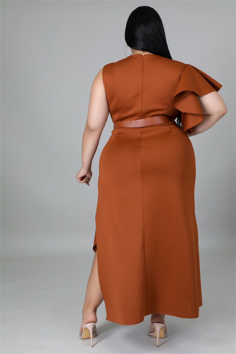 Online-clothing-plus-size-ruffle-flare-sleeve-solid-asymmetrical-midi-dress