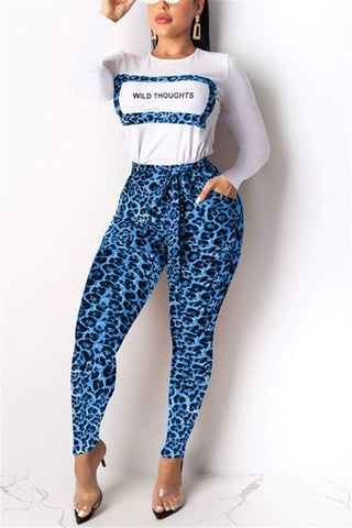 Round-Neck Long-Sleeved Leopard Print Letter Two-Piece