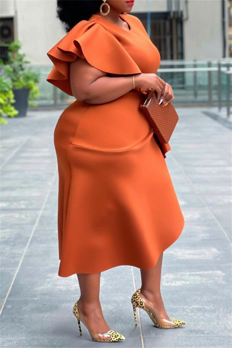 Online-clothing-plus-size-ruffle-flare-sleeve-solid-asymmetrical-midi-dress