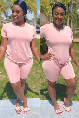 Plus Size Casual Solid Two Pieces Short Set