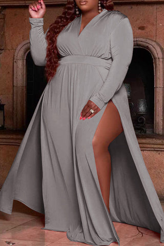 Online-clothing-plus-size-casual-solid-split-joint-v-neck-straight-maxi-dresses