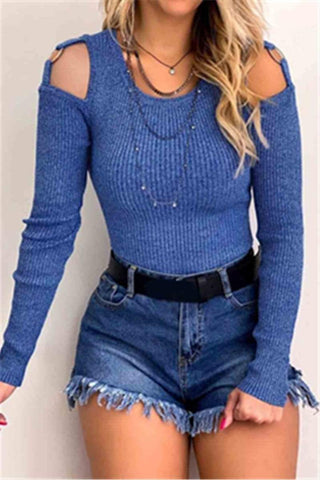 Sexy Round-Neck Solid Color Long-Sleeved Top