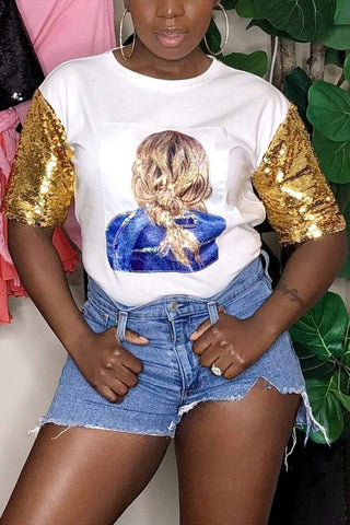 Fashion Head Portrait Print Sequins Top
