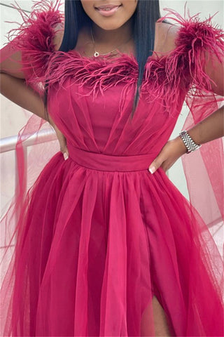 Online-clothing-plus-size-feather-collor-tulle-split-joint-solid-maxi-dress