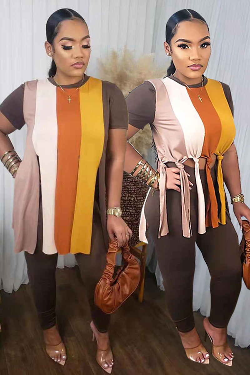 Free-shipping-online-clothing-plus-size-o-neck-colorblock-fringe-two-piece-set