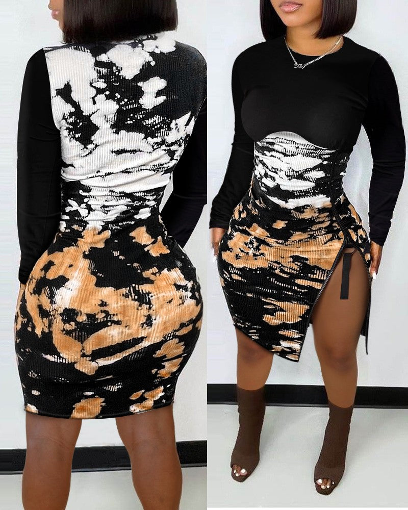 Plus Size Tie Dye Zipper Detail Ribbed Bodycon Mini Dress
