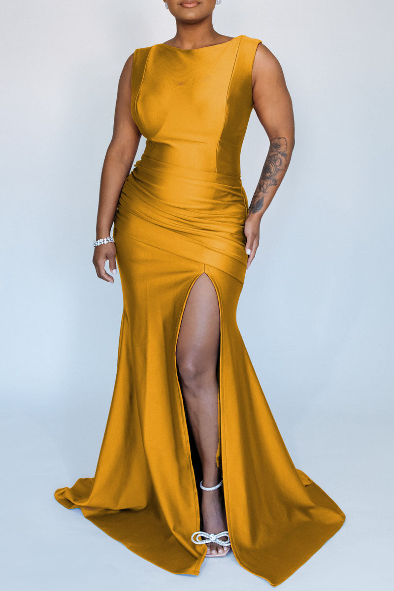 Online-clothing-plus-size-split-joint-round-neck-floor-length-maxi-dress