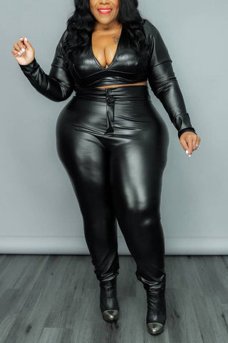 Plus Size PU Leather Solid Crop Top V Neck Leggings Pants Two Pieces Set