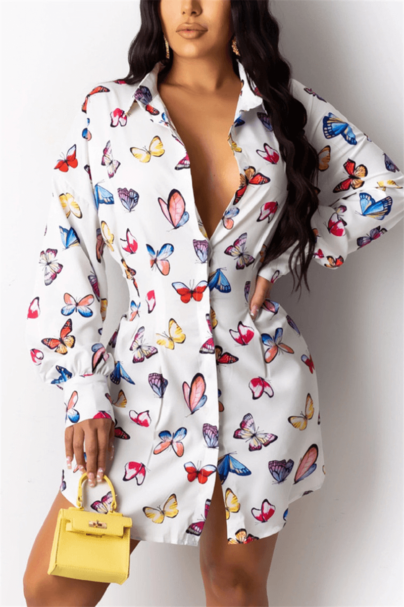 Fashion Casual Butterfly Print Mini Shirt Dress