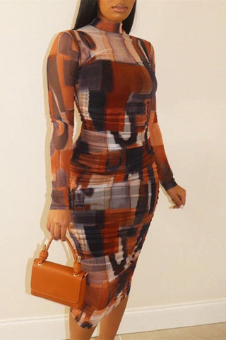 Online-clothing-plus-size-long-sleeved-personality-printing-midi-dress