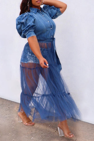 Online-clothing-plus-size-casual-denim-puff-sleeve-sheer-see-through-midi-dress
