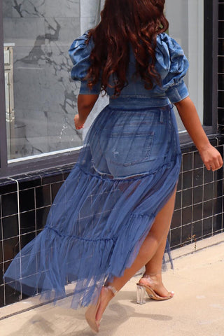 Online-clothing-plus-size-casual-denim-puff-sleeve-sheer-see-through-midi-dress
