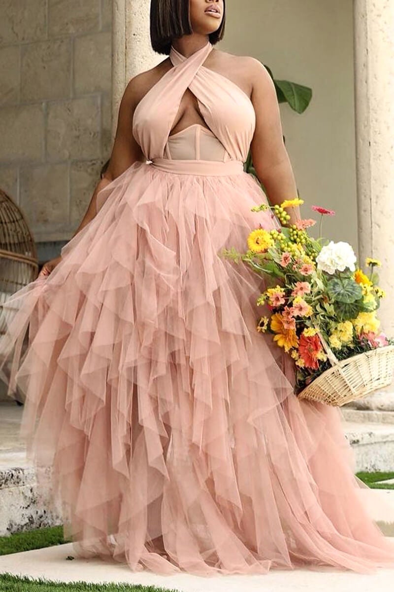 Plus Size Dresses Pink Backless Sleeveless See-through Maxi Dress
