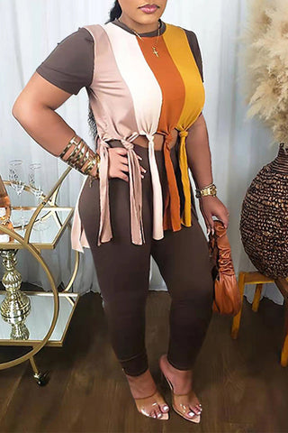 Plus Size O Neck Colorblock Fringe Two Piece Set