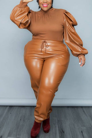 Plus Size Solid PU Leather Puff Sleeve Patchwork Pants Two Pieces Set