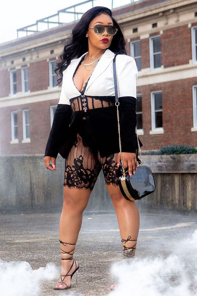 Free-shipping-online-clothing-pre-saleplus-size-mesh-patchwork-blazer-lace-shorts-set