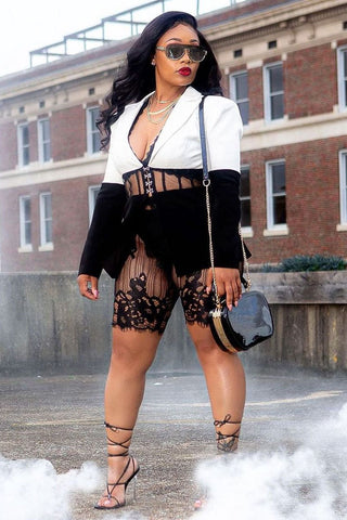 Free-shipping-online-clothing-pre-saleplus-size-mesh-patchwork-blazer-lace-shorts-set