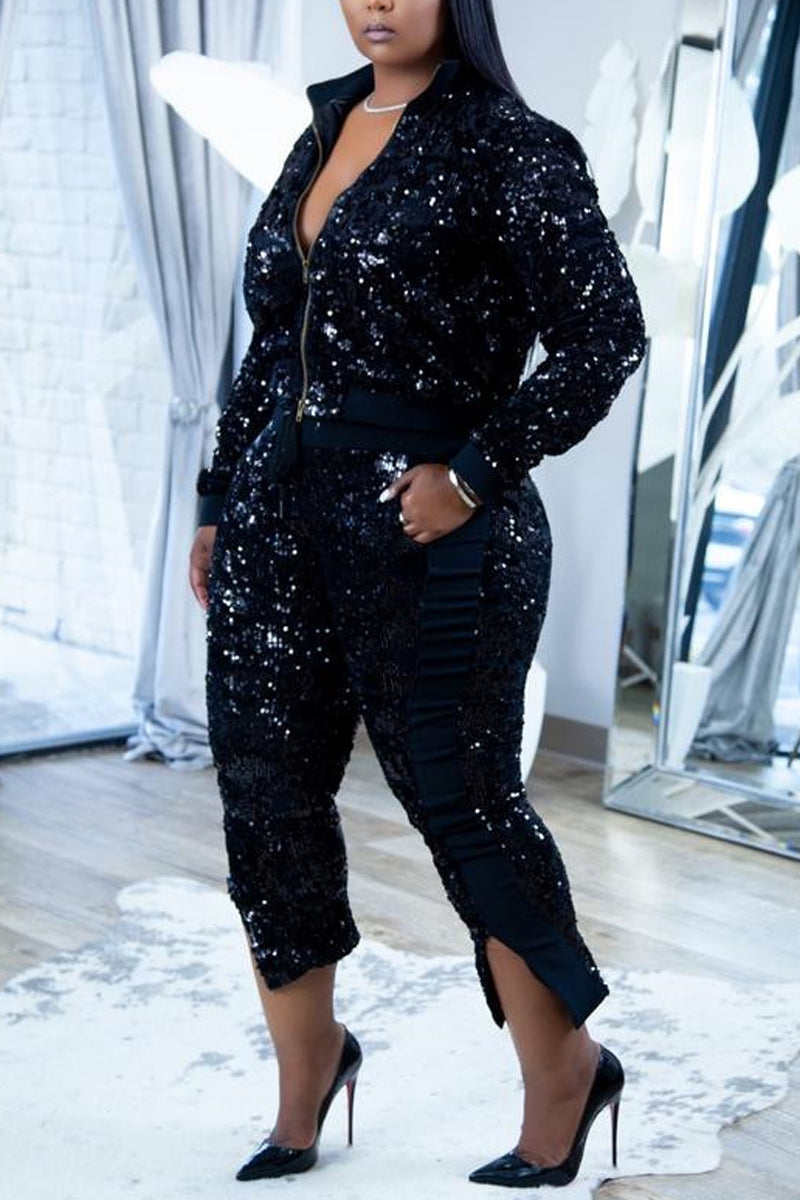 Free-shipping-online-clothing-pre-sale-plus-size-sequin-long-sleeve-jacket-front-slit-pants-two-pieces-set