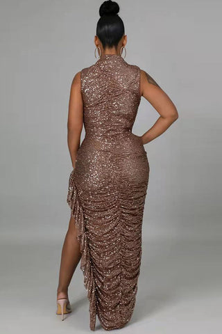 Online-clothing-plus-size-sequin-slit-asymmetrical-sleeveless-maxi-dress