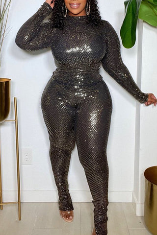 Plus Size Casual Solid Long Sleeve Sequin Pants Two Pieces Set