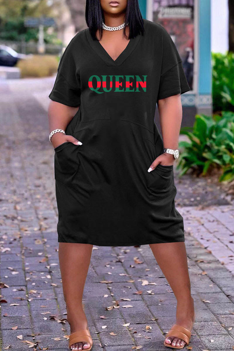 Plus Size Casual Graphic Basic V Neck Short Sleeve Midi Dress(Ships 2/20)