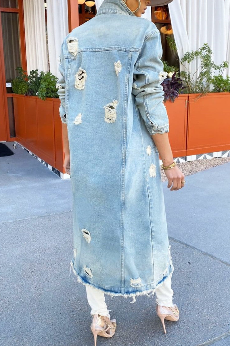 Online-clothing-plus-size-blue-casual-solid-ripped-turndown-collar-long-sleeve-regular-denim-jacket-coat