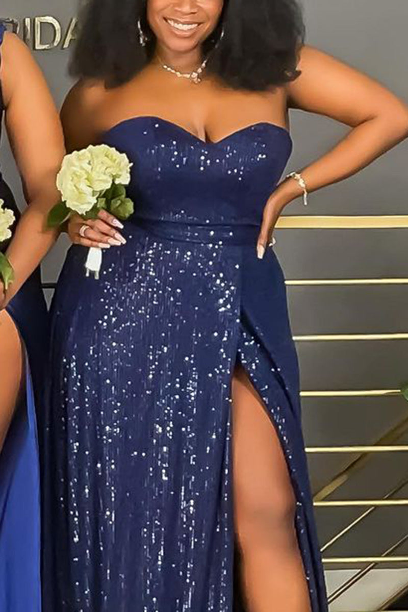 Online-clothing-plus-size-solid-split-joint-sequin-off-shoulder-maxi-dress